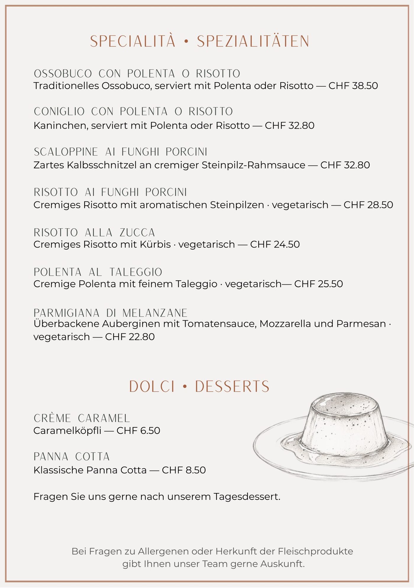 Abendkarte Seite 2: Specialità – Ossobuco CHF 38.50, Coniglio CHF 32.80 – und Dolci