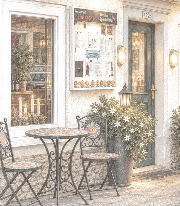 Ausschnitt aus der Zeichnung des Eingangs: Mosaik-Bistrotisch mit zwei Stühlen vor dem Fenster, Laterne und Haustür