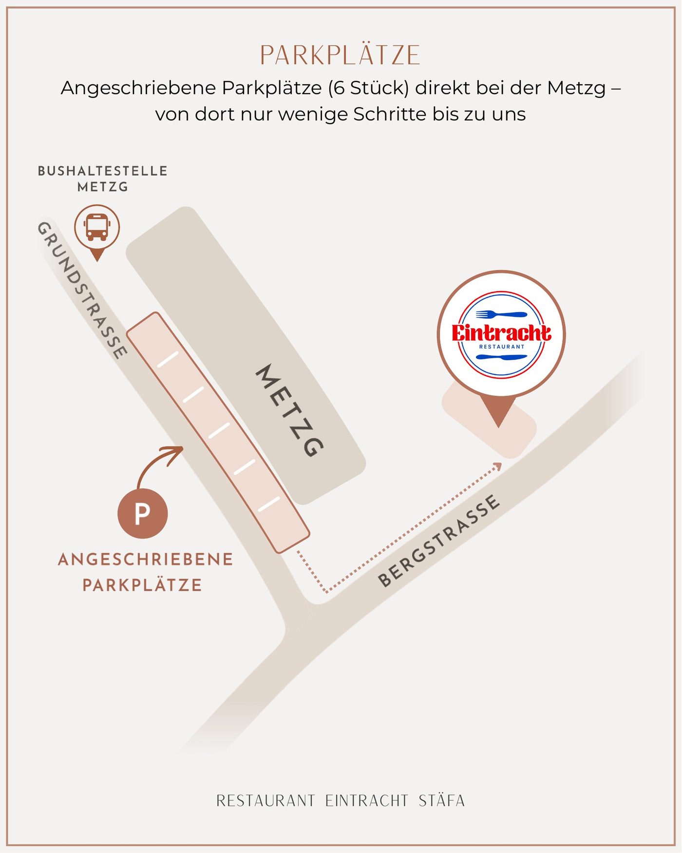 Karte: 6 signalisierte Parkplätze bei der Metzg, wenige Schritte vom Restaurant Eintracht